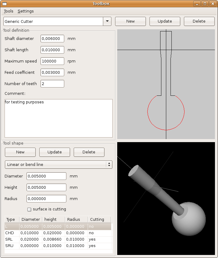 Tool definition window